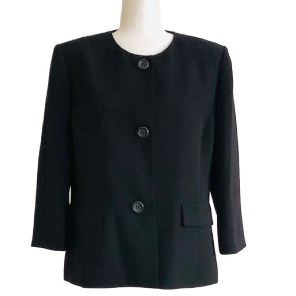 Evan Picone Blazer Jacket Black 3/4 Sleeve Three Button Front Blazer Size 12